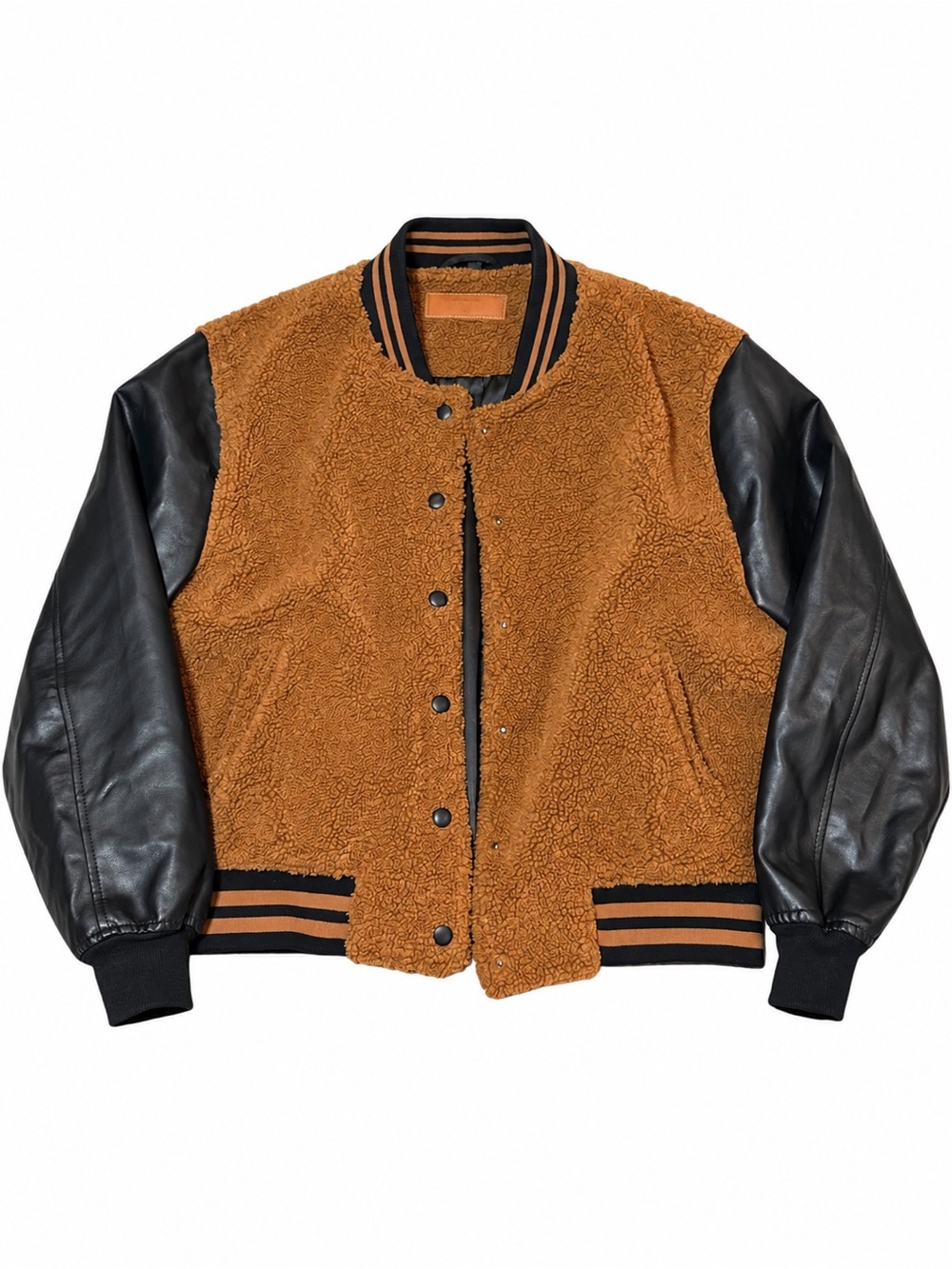 BLANKNYC Teddy Sherpa Faux Leather Varsity Bomber Jacket Brown Black M
